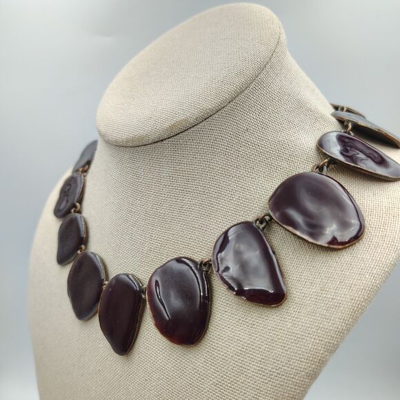 Cecile Jeanne Paris Burgundy Plum Color Enamel Panel Statement Necklace Rare - Picture 7 of 15